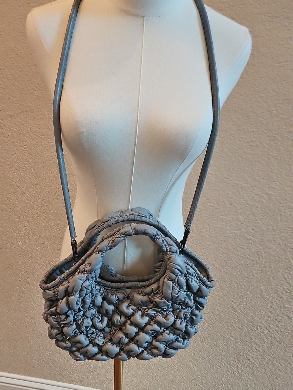 Valentino Garavani "  Spike Me" Ruched Quilted Shoulder Bag in Dove Gray
